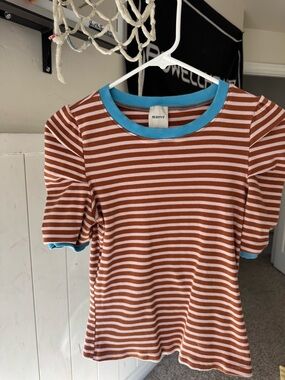 Maeve Rust and White Striped Tee with Aqua Trim